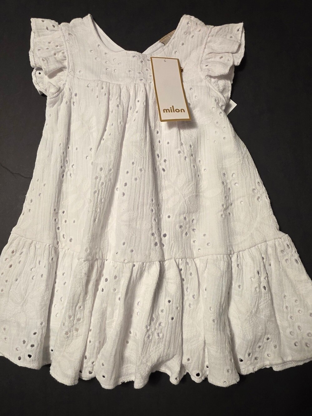 Milon White Eyelet Flutter-Sleeve Casual Kids Dress